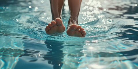 Underwater closeup view of female Feet. Legs of a synchronized swimmer woman against the serene backdrop of a swimming pool.