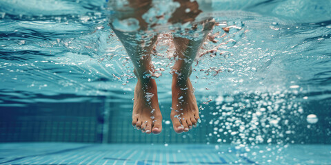Underwater closeup view of female Feet. Legs of a synchronized swimmer woman against the serene backdrop of a swimming pool.