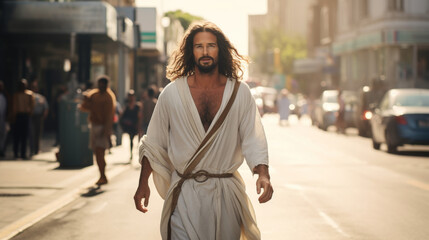 person looking like Jesus Christ savior of humanity walking in modern street - obrazy, fototapety, plakaty