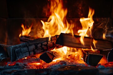 Close-up of fireplace flames in a captivating close-up of warmth and vivacity. Wood crackling and sparking in a refuge from the cold. Comfort of the fireplace on freezing days.