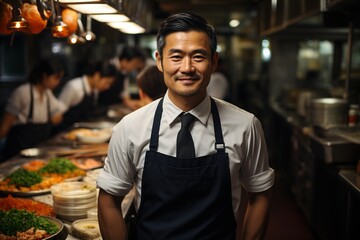 Fototapeta premium Mentorship in Motion: The Asian Chef Stands Before His Team, Sharing His Knowledge and Passion for Culinary Excellence