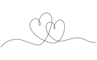 Two hearts continuous one line symbol drawing. Love romantic icon in simple linear doodle style vector illustration with editable stroke. Design for wedding festive card