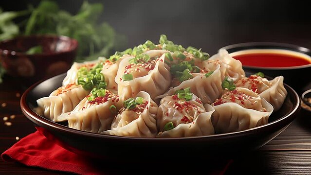 Chinese dumplings for good luck on a dark background on a wooden table sprinkled with sesame seeds and onions