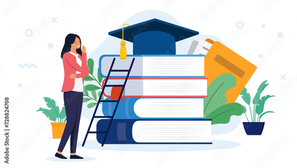 Aufkleber taking higher education - woman student thinking and wondering on front of school and educational st