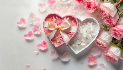 Romantyczne tło z różowymi kwiatami, pudełkami w kształcie serce i płatkami kwiatów - obrazy, fototapety, plakaty