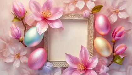 Wielkanocne różowe tło z pisankami, ramką z miejscem na tekst i kwiatami - obrazy, fototapety, plakaty
