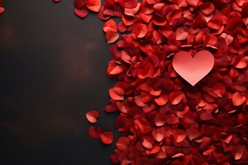 Red hearts and rose petals on a dark background.Valentine's Day banner with space for your own content. White background color. Blank field for the inscription.