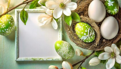 Wielkanocne zielono-białe tło z pisankami, kwiatami i ramką z miejscem na tekst - obrazy, fototapety, plakaty