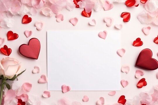 White blank card around tiny red and pink hearts decorations, a rose. Heart as a symbol of affection and love.
