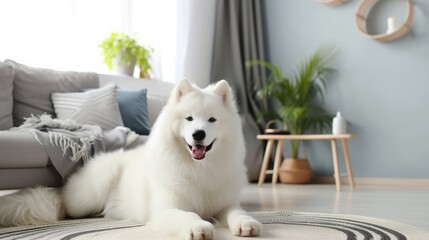Adorable Samoyed dog in modern living room
