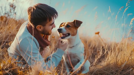 Adult stylish man playing with pet. Family outdoor. Animal lover. Happy dog enjoying freedom. Terrier breeding puppy have fun with owner. Furry crazy canine training at nature. Friends together