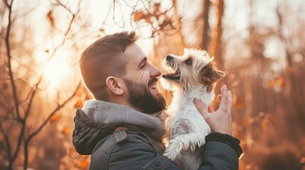 Adult stylish man playing with pet. Family outdoor. Animal lover. Happy dog enjoying freedom. Terrier breeding puppy have fun with owner. Furry crazy canine training at nature. Friends together