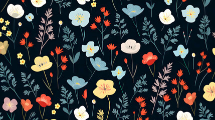 multicolour,design of scattered small flowersand plants pattern, vintage, pop art, flat 2d,...