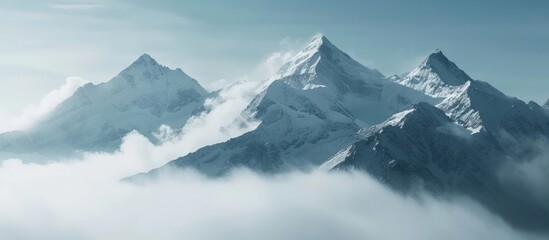 Fototapeta na wymiar Beautiful landscape of majestic mountain peaks summits with snow capped with cloudy. AI generated