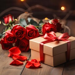Red roses and a box, a gift with a red bow on a wooden table. Heart as a symbol of affection and love.