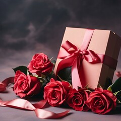 Red roses and a box, a gift with a dark bow. Heart as a symbol of affection and love.