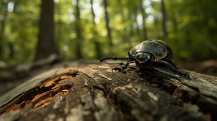 a close up of a beetle on a tree trunk in a forest with lots of trees in the background and a blurry image of leaves in the foreground.