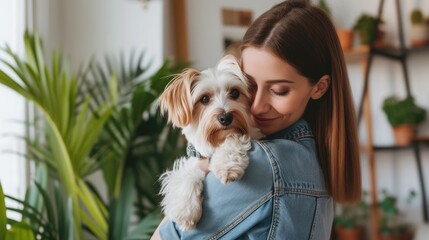 Beautiful woman in jeans shirt holding medium-sized dog on shoulder while standing in light room interior. Emotional female keeper finding joy in everyday interaction