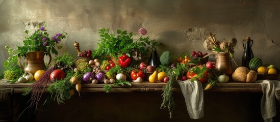 Cooking with vegetables, herbs, and fruit in a still life manner. © Lasvu