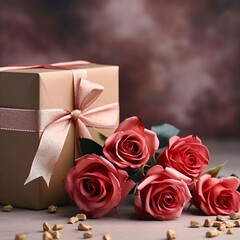 Red roses and a box, a gift with a bright bow. Heart as a symbol of affection and love.