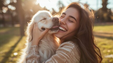 beautiful woman laughing while her pet is licking her face in a sunny day in the park in Madrid....