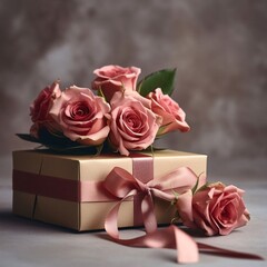 Red roses and a box, a gift with a bright bow. Heart as a symbol of affection and love.