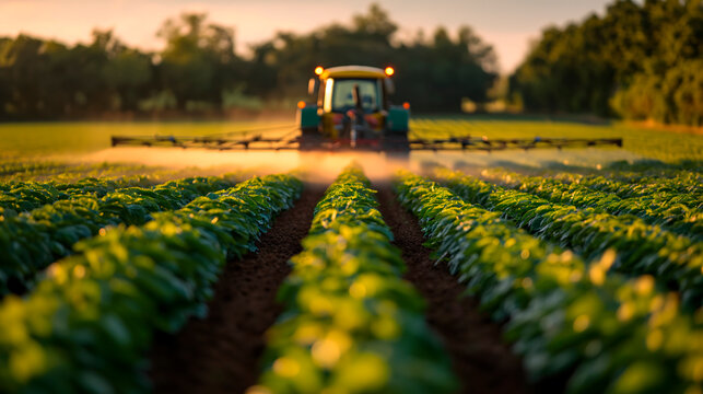 Campos sembrados de cereales, trigo y otros alimentos fumigados por pesticidas desde un tractor