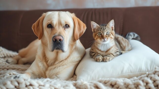 Beautiful dog and a small cat are sitting on a soft white pillow. A kitten and a puppy together at home. Cozy home concept