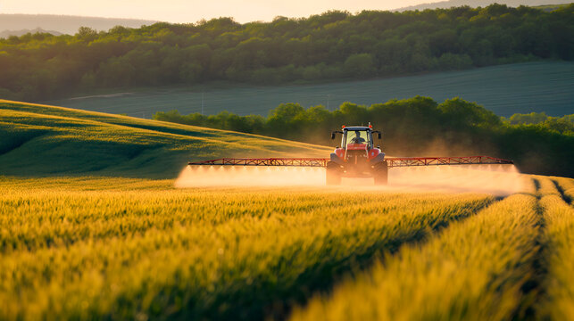Campos sembrados de cereales, trigo y otros alimentos fumigados por pesticidas desde un tractor