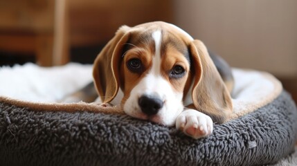 Cute Beagle puppy in dog bed at home. Adorable pet