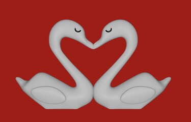 Cute 3d illustration of swans kissing, forming a heart, love, Valentine's Day, couples