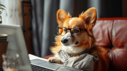 Cute corgi dog looking into computer laptop working in glasses and shirt