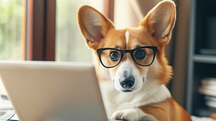 Cute corgi dog looking into computer laptop working in glasses and shirt