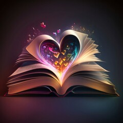 Book forming a heart in the middle with pages, colorful small hearts, dark background. Heart as a symbol of affection and love.