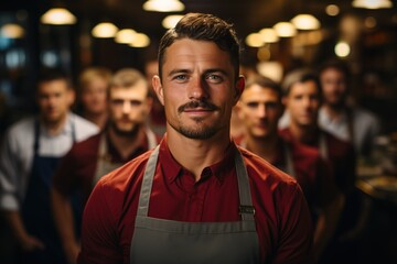 Obraz premium Guiding Light: The White Chef Stands Before His Team, Illuminating the Path to Culinary Success with His Expertise and Leadership