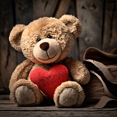 Plush teddy bear with Red heart around wooden background. Heart as a symbol of affection and love.