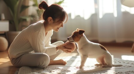 Female owner playing with joyful dog at home, happy young asian woman enjoying ball games with her cute fluffy jack russel terrier puppy, side view, copy space. Playing with dog concept - obrazy, fototapety, plakaty