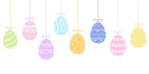 colorful Easter background with hanging decorative eggs. Happy Easter vector illustration flat design on white background.