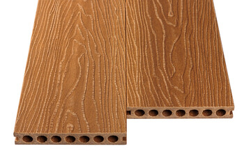 Colored Wood plastic composite patio decking boards isolated on white background