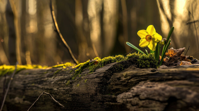  a small yellow flower sitting on top of a moss covered log in the middle of a forest with lots of trees and moss growing on the side of the log.