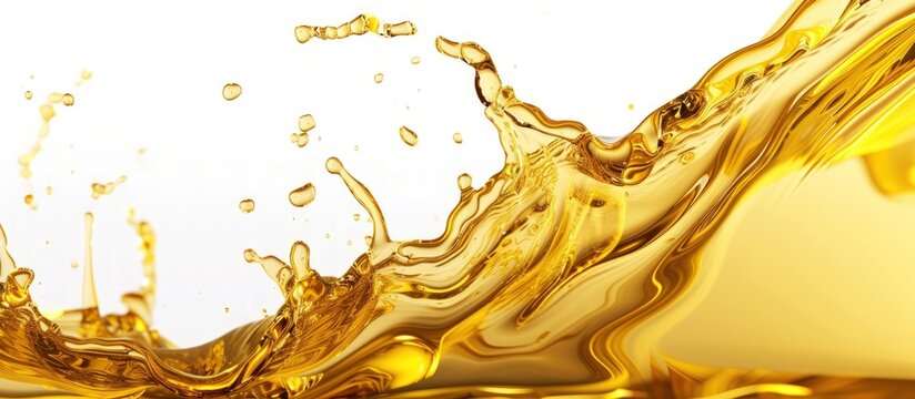 Macro view golden oil splash isolated white background. AI generated image