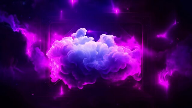Neon photo frame border with thick floating flying, flowing fog smoke mist clouds on black background. Magic mystery concept