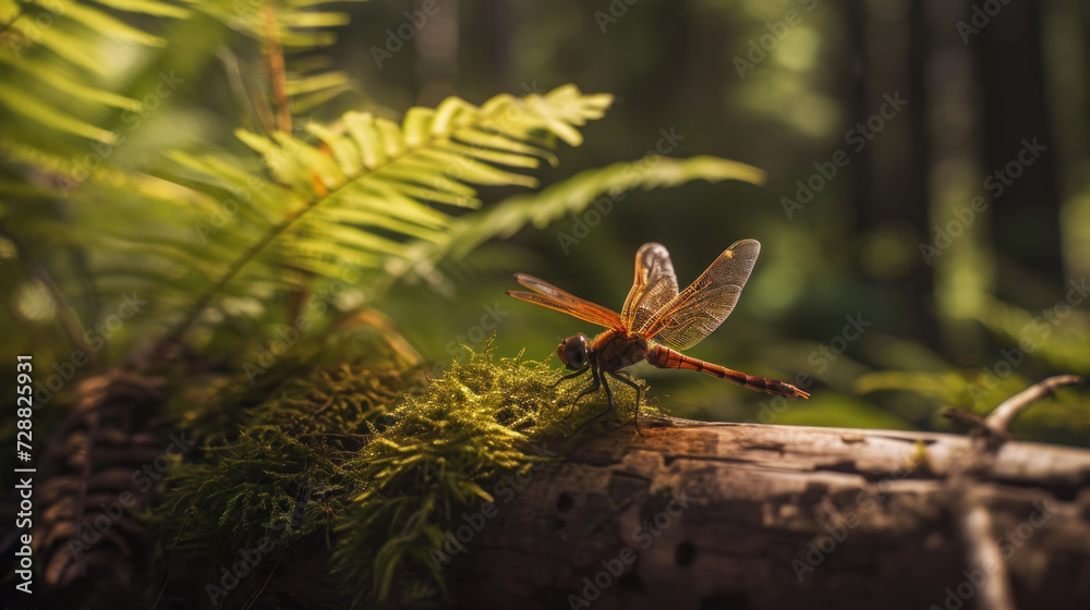 Poster a close up of a dragonfly on a log in a forest with green plants and a tree trunk in the foreground 