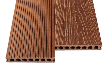 Colored Wood plastic composite patio decking boards isolated on white background