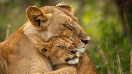 Fototapeta premium Lioness mother with young cub snuggling