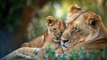 Fototapeta premium Lioness mother with young cub snuggling
