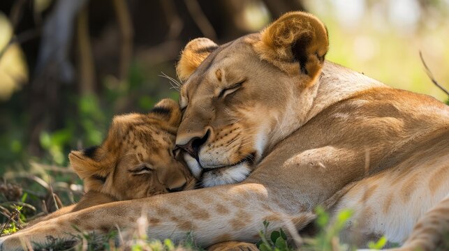 Lioness mother with young cub snuggling