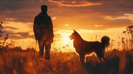man with a dog at sunset. walk with a pet. Australian Shepherd and owner in nature
