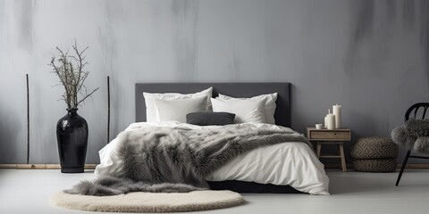 Simple bedroom with furry rug and monochrome decor