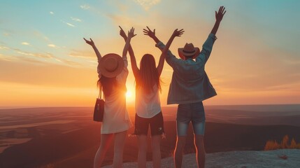 Rear view of three couple best friends travelers put hands up at sunset. Young relaxing hipster wanderers enjoying exclusive alternative destination. Holiday life moment at warm orange light
